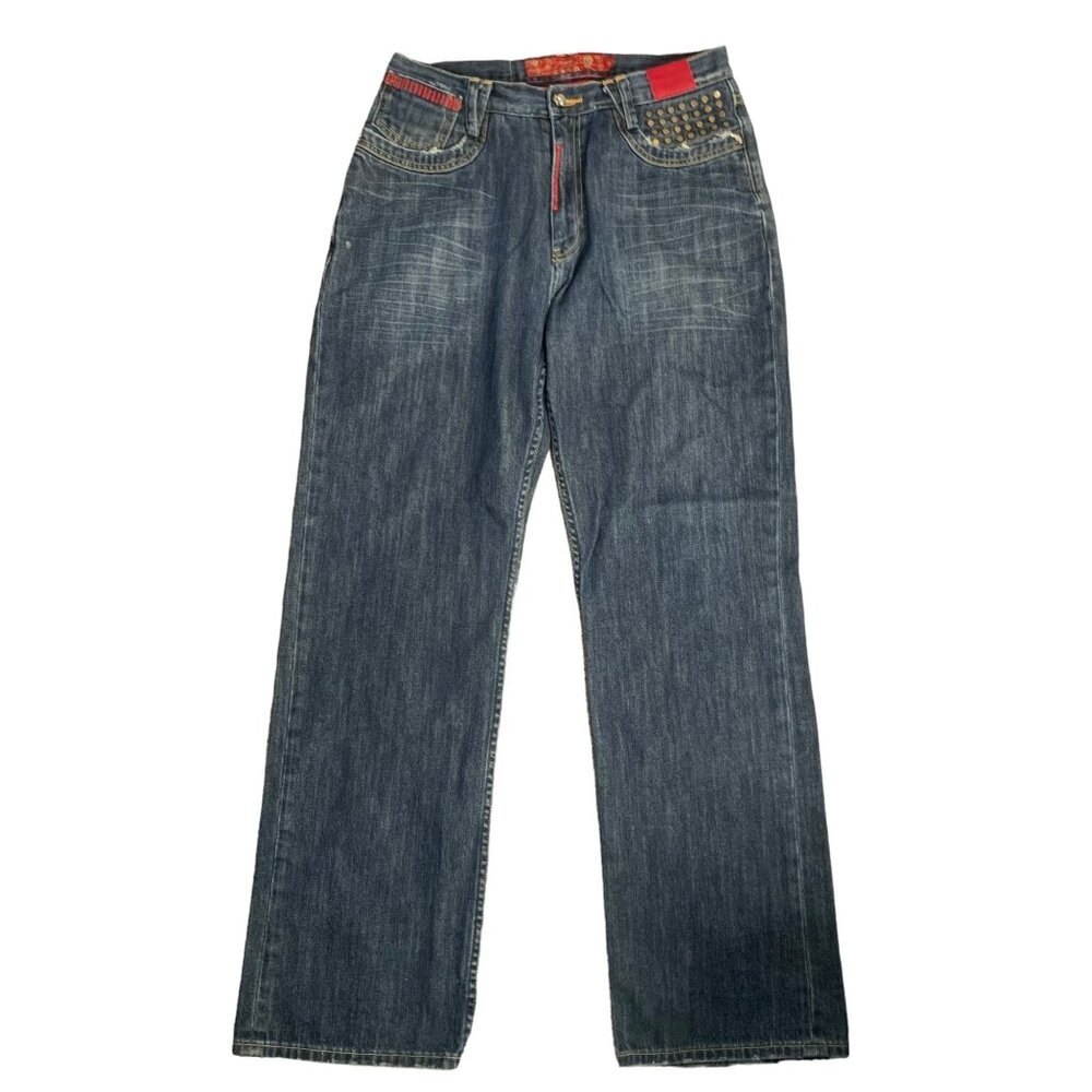 Vintage Y2K Stash House Denim Jeans 34 Med Wash Distressed Straight Embellished